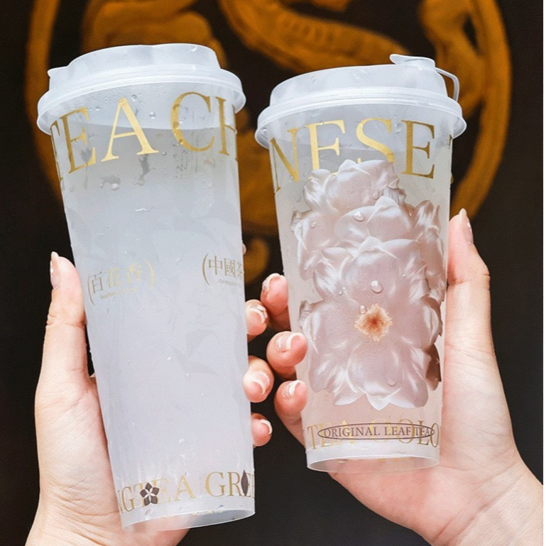 (10ใบ)แก้วพลาสติก PP หนาพิเศษ ลายดอกไม้สุดหรู 520ML / 650ML แก้วชานม แก้วกาแฟ แก้วเครื่องดื่มเย็น พร้อมฝาปิด