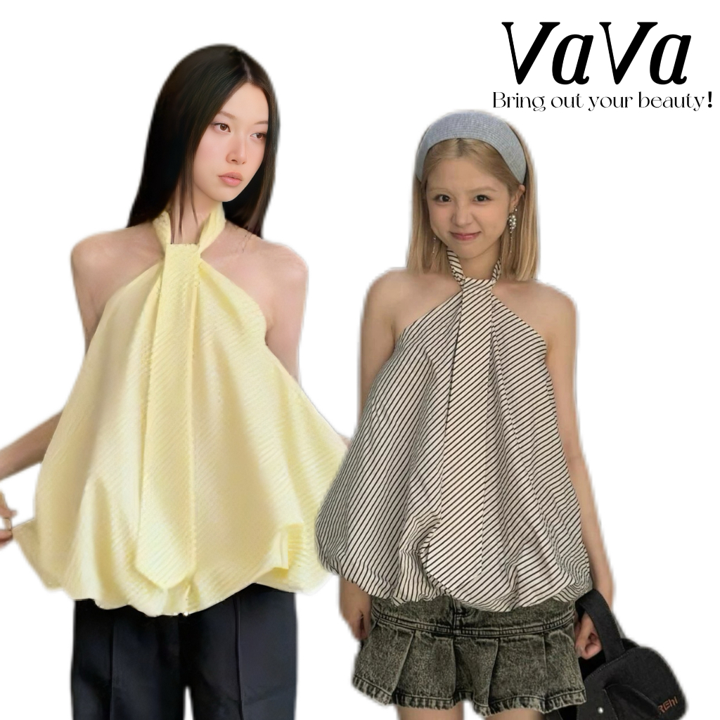 VaVa [มีในสต็อก] เสื้อคอฮอลเตอร์แขนกุดเปิดหลังสไตล์ฝรั่งเศสสำหรับผู้หญิง ดีไซน์ทันสมัยและลำลอง คอฮอลเตอร์และทรงหลวม