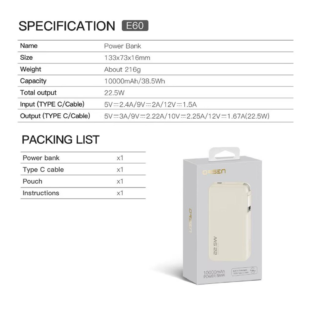 Orsen&Eloop E60 Power Bank 10000mAh PD22.5W Super Fast Charge รองรับการชาร์จแล็ปท็อป