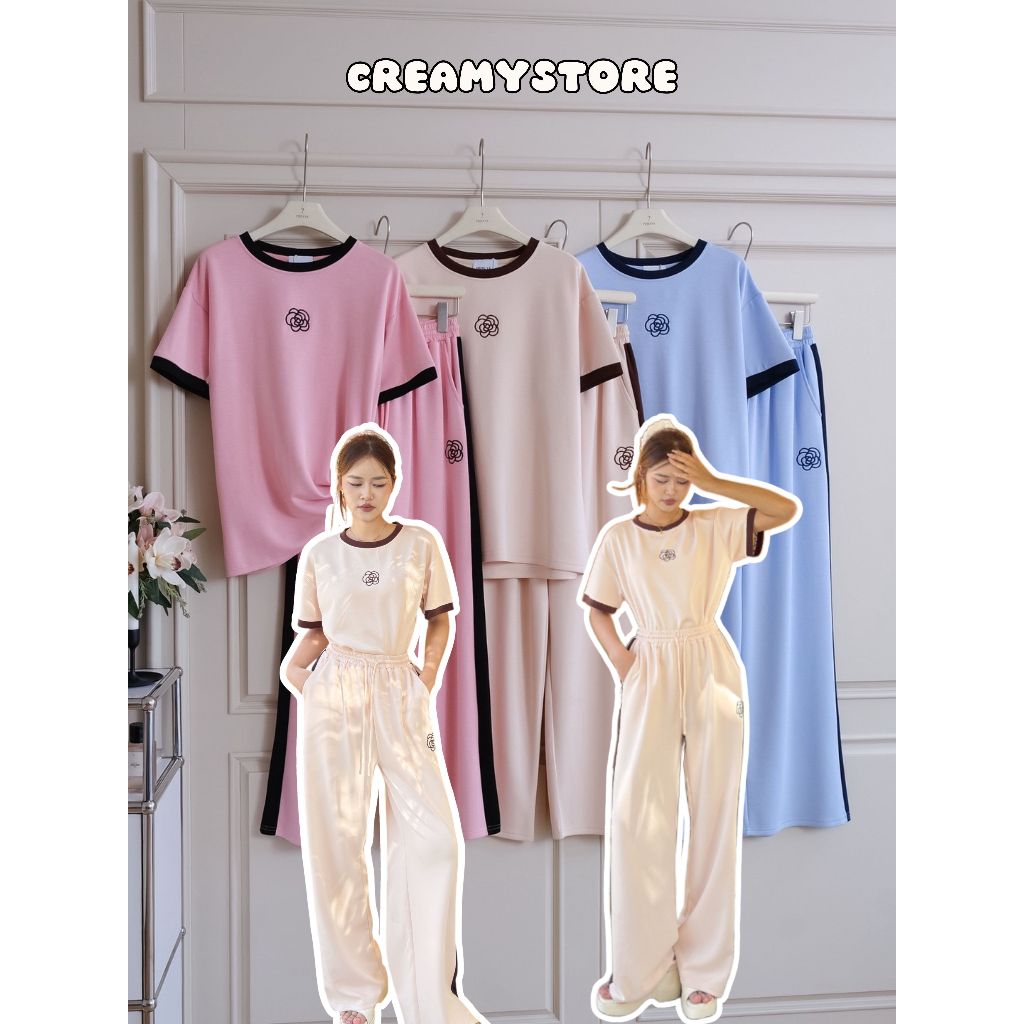 CreamyStore เซต2ชิ้น เสื้อคอกลมแขนสั้นปักดอก+กางเกงวอร์มขายาว ผ้านาโนพรีเมียม งานป้ายPrisana
