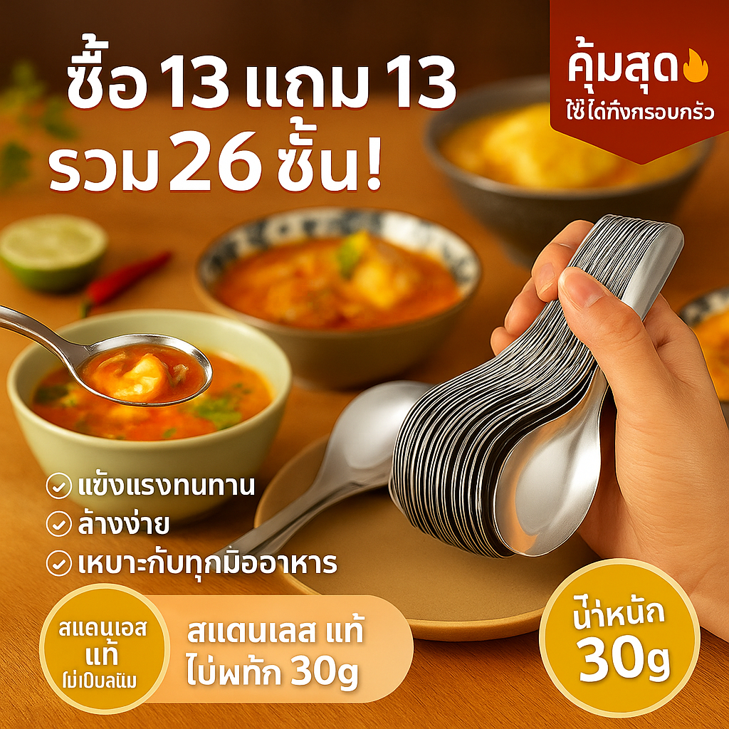 [26คัน = 59บาท] ช้อนสแตนเลส ช้อนกลางด้ามยาว ช้อนซุปเนื้อหนา ช้อนคาวหรูหรา สแตนเลสเกรดอาหาร ความยาว 17ซม