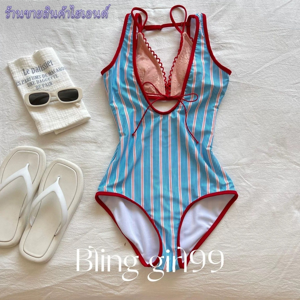 ชุดว่ายน้ำสไตล์เกาหลีย้อนยุคใหม่ ชุดว่ายน้ำวันพีซเปิดหลังสุดเซ็กซี่ คอวีลึก และลายทางสุดเก๋