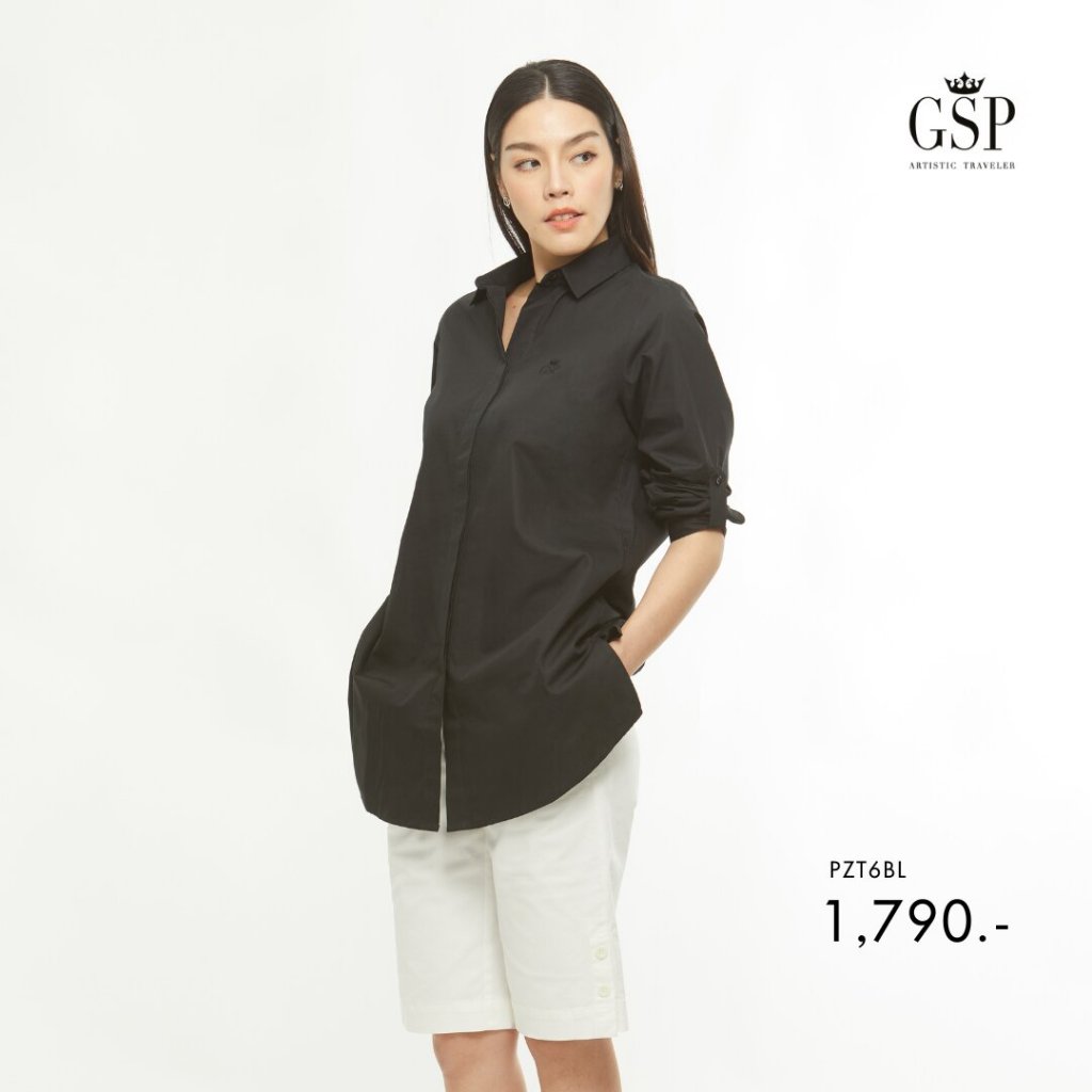 GSP Shirt เสื้อเชิ้ตผ้าคอตตอนแขนยาวสีดำ ด้านหลังแต่งแถบสีแดง PZT6BL