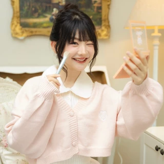 (พร้อมส่ง)RIKA น้องคัพเค้ก เซ็ตครอปไหมพรมกระดุมหน้าคอบัวแขนกุด