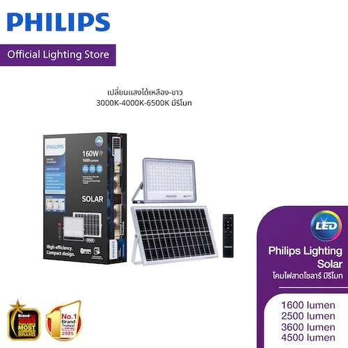 Philips Lighting Solar โคมไฟสาดโซลาร์ เปลี่ยนแสงได้เหลือง-ขาว 3000K-4000K-6500K มีรีโมท สาย5เมตร