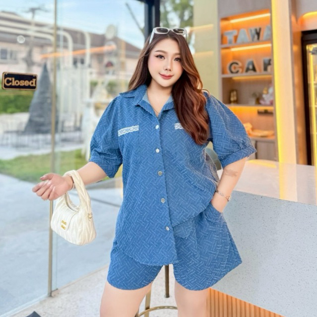 ชุดเซ็ต 2 ชิ้น เสื้อเชิ้ต+กางเกง(ขาสั้น)***ผ้ายีนส์แท้สะกิดลาย*** 4 ไซส์ (กรุณาอ่านไซส์ในรายละเอียดก่อนสั่งซื้อ)