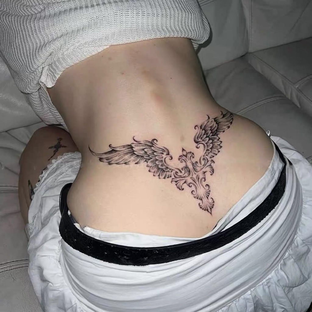 แทททูสมุนไพร ลายกางเขน ปีกนางฟ้า สุดเซ็กซี่ สำหรับสาวๆ ติดที่เอวหลังหรือหน้าท้อง กันน้ำ ติดทนนาน ไม่สะท้อนแสง magictatto