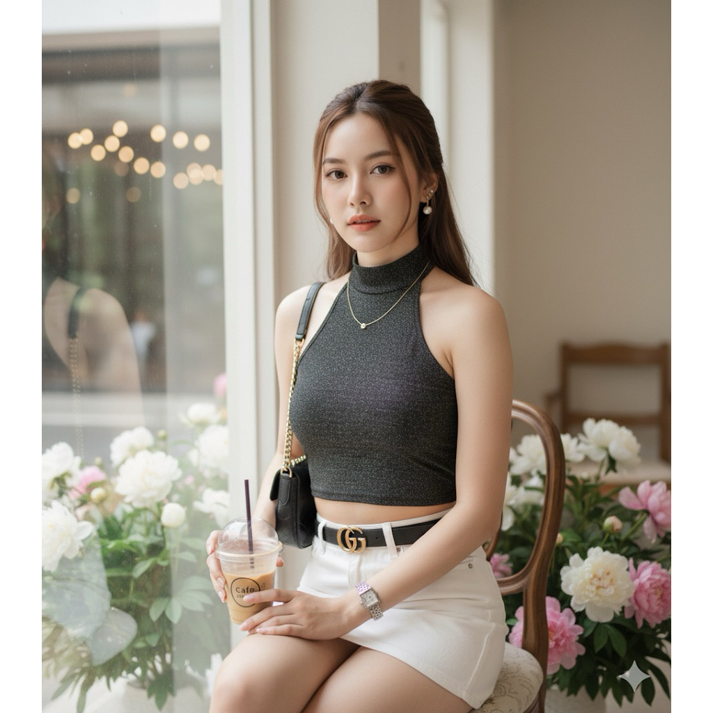 MML111☀️เสื้อครอปโชว์หลัง☀️คอเต่า☀️ระยิบระยับ