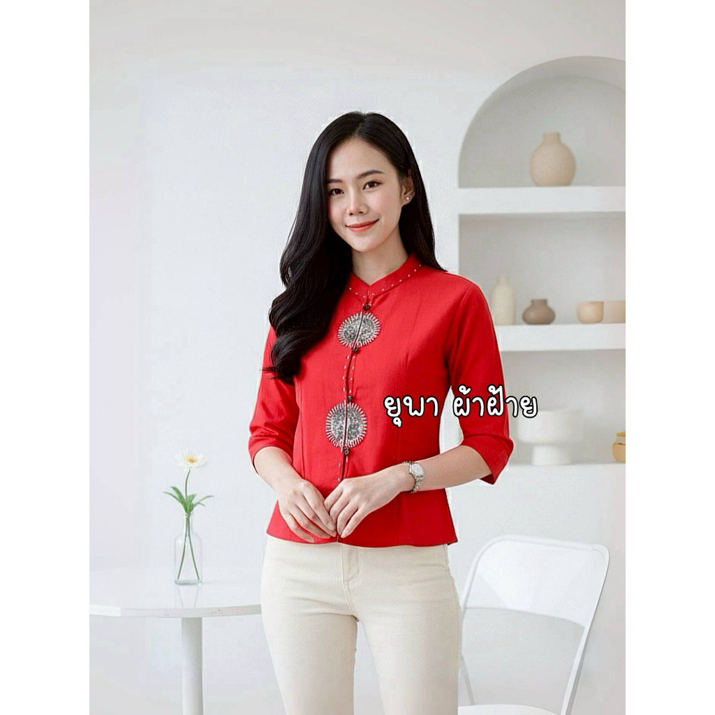 🔥เสื้อผ้าฝ้ายคอจีนพระจันทร์ครึ่งเสี้ยว🔥แขนสามส่วน - รูปที่ 2