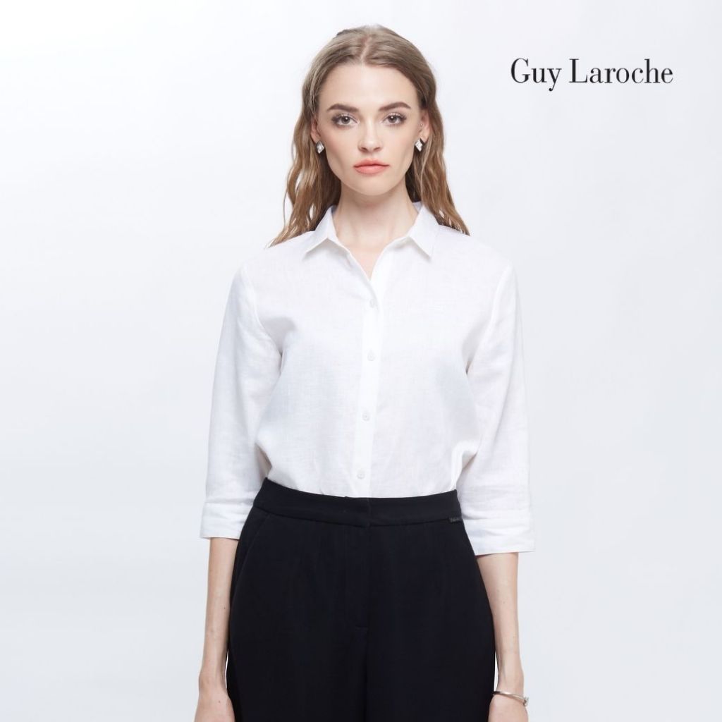 Guy Laroche  เสื้อเชิ้ตผู้หญิง Light Linen แขนสามส่วน สีขาว G9U1WH – โปรปัง