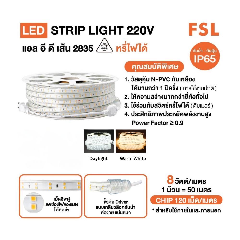 FSL ไฟ LED STRIP LIGHT ในท่อยางเม็ด 2835 กันน้ำ หรี่ไฟได้ ยกม้วน 50 เมตร