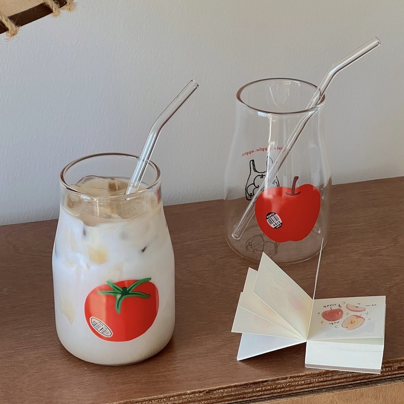 ✨พร้อมส่ง🍎🍅🍊 ขวดแก้วน้ำเกาหลี แถมหลอด! หนาพิเศษ คุณภาพดี แก้วมัทฉะ home cafe มี 3 ลาย มีลายทั้ง2ด้าน