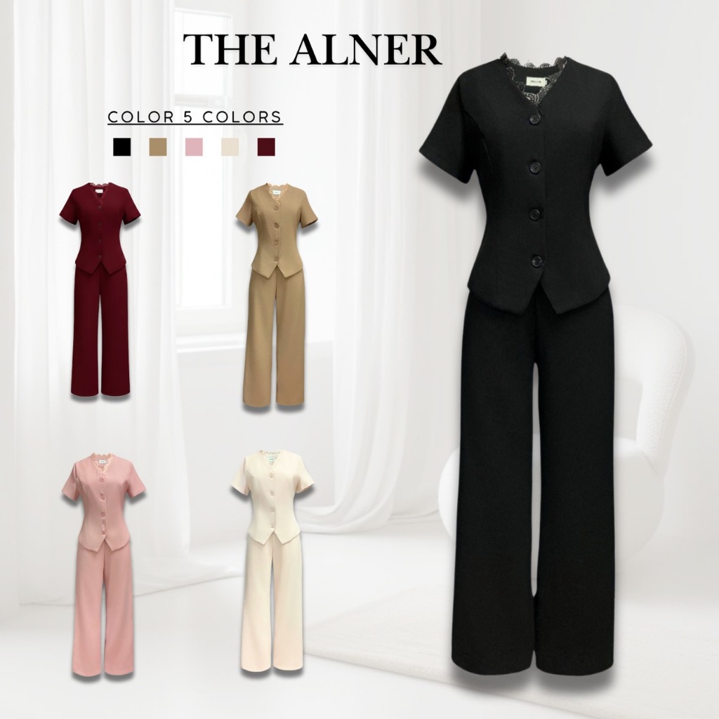 Thealner-AN179 (เซตเสื้อคอวีแต่งลูกไม้แขนสั้นกางเกงขายาว)