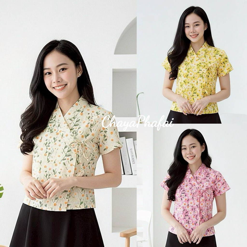 เสื้อผ้าฝ้ายพิมพ์ลายป้ายเจ้านางเเขนสั้น