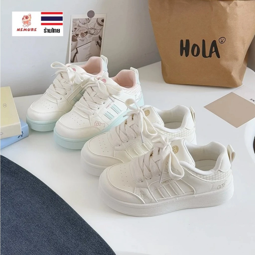 (S-1116) รองเท้าผ้าใบผู้หญิง รองเท้าผ้าใบแฟชั่น ลายคิตตี้ สีพาสเทล เสริมส้นสูง รองเท้าลำลอง ใส่สบาย