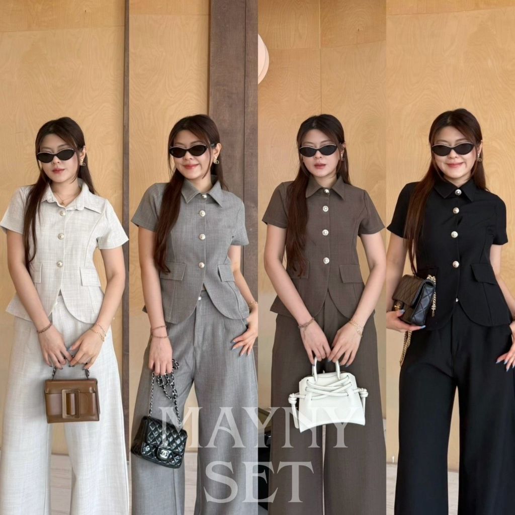Mayny Set :: ชุดเซ็ท 2 ชิ้นขายาว ชุดเซ็ทขายาว เสื้อคอปกแขนสั้นแต่งกระดุม งานเรียบหรู ทำงานสีดำ BETTY (B045)