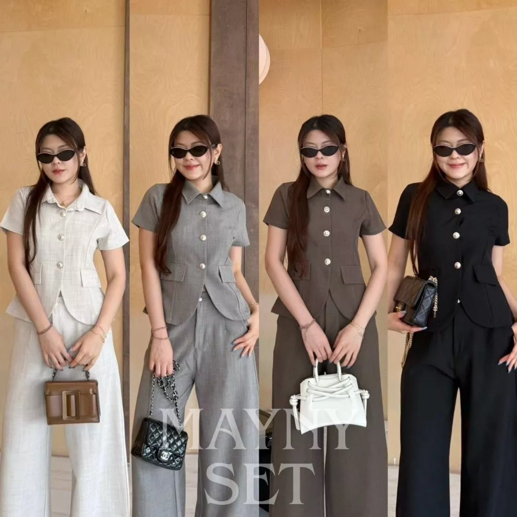 Mayny Set :: ชุดเซ็ท 2 ชิ้นขายาว ชุดเซ็ทขายาว เสื้อคอปกแขนสั้นแต่งกระดุม งานเรียบหรู ทำงานสีดำ BETTY (B045)