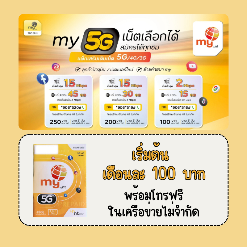 ซิม my by NT โปรเน็ต my by NT 5G/4G/3G เน็ตไม่อั้น เริ่มต้น 100 บาท/เดือน สมัครง่าย