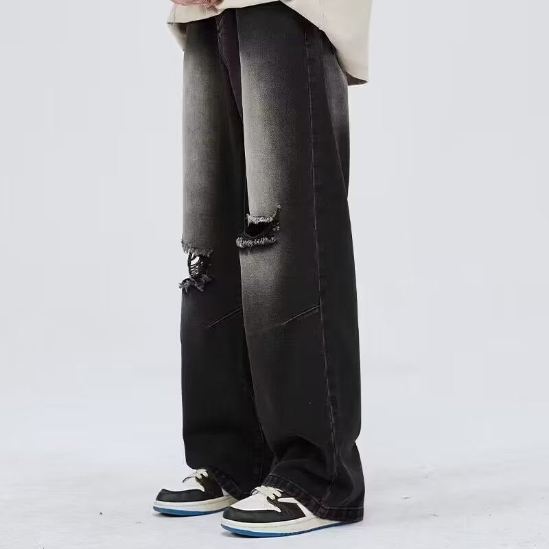 Henary กางเกงยีนส์ผู้ชาย สไตล์สตรีทฟัช ทรงขาตรง ทรงหลวม รุบกรอบ สบายๆ สีดำ เหมาะกับทุกรูปขา ไซส์ M-3