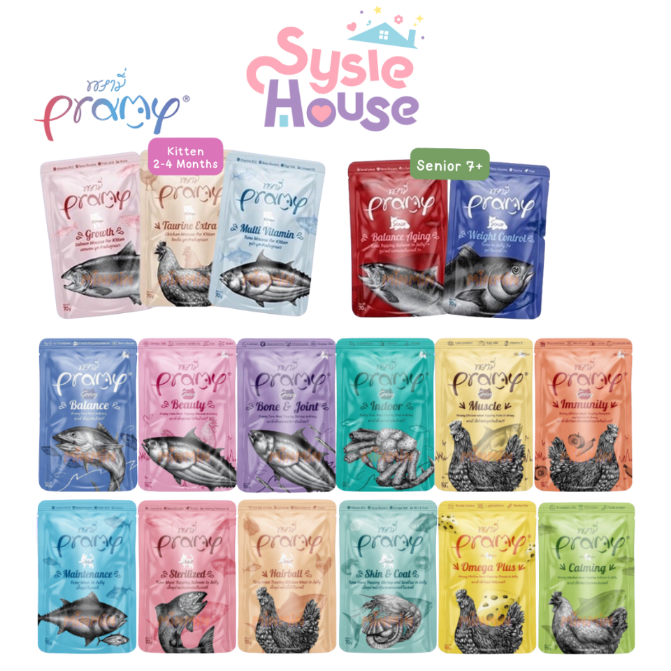Pramy พรามี่ อาหารแมวเปียก สูตรสำหรับลูกแมว แมวโต แมวสูงวัย ขนาด 70g. จำนวน 1 ซอง