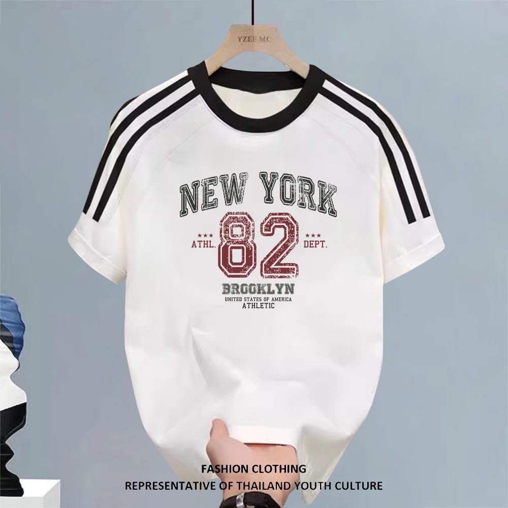 เสื้อยืดคอกลมแขนสั้น รุ่นใหม่ ลายสามแถบ ใส่ได้ทั้งชายหญิง สไตล์แฟชั่นคู่รัก ใส่สบาย ส่งด่วนภายใน 24 ชั่วโมงจัดส่งภายในปร
