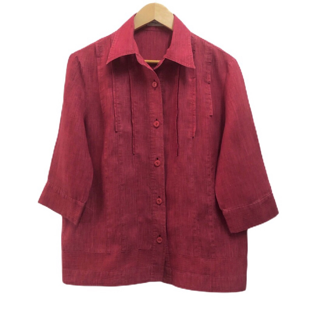 Nagpur เสื้อเชิ้ตหญิง ผ้าลินิน แขน 3ส่วน สีแดงอมส้ม มือสอง