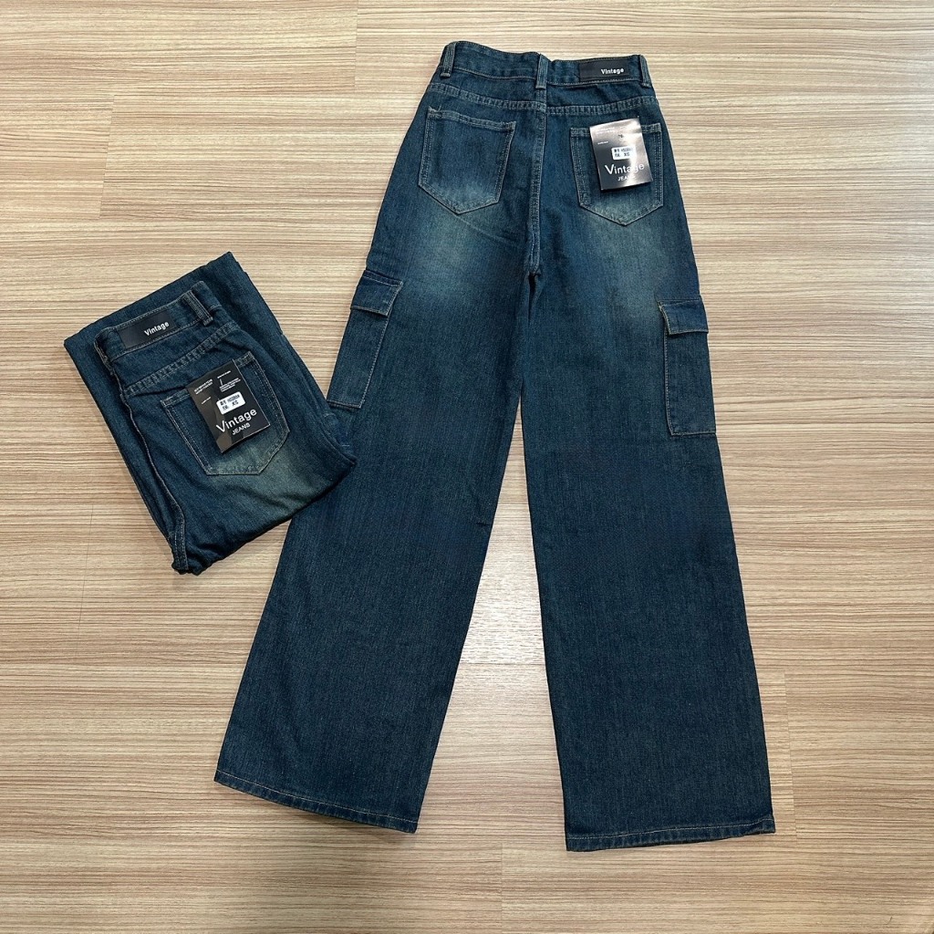 Vintage รุ่น H5088 กางเกงยีนส์ คาร์โก้ ทรงกระบอก สีสนิม แต่งเฟดขา ทรงสวยผ้าไม่ยืด กระเป๋าตรง 2 ใบ - รูปที่ 3