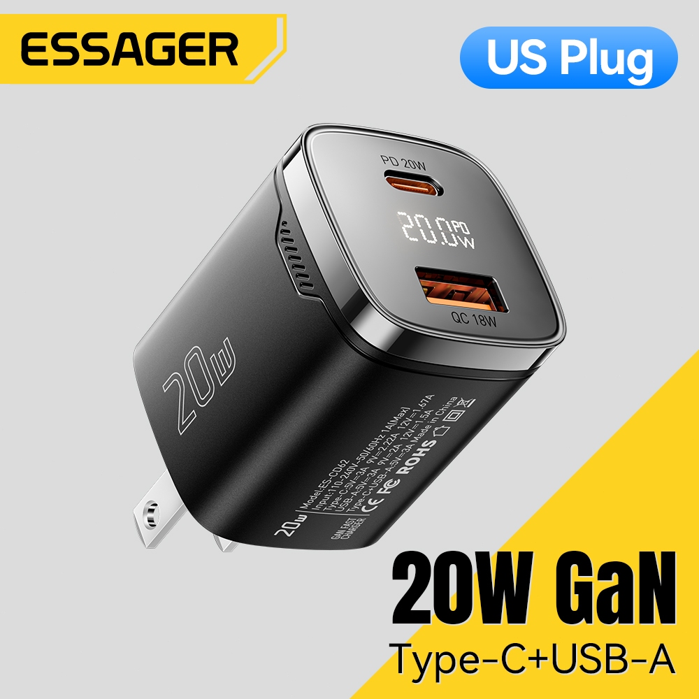 Essager 20W GaN Type-C+USB-A เครื่องชาร์จแบบพกพาพร้อมจอแสดงผลดิจิทัล