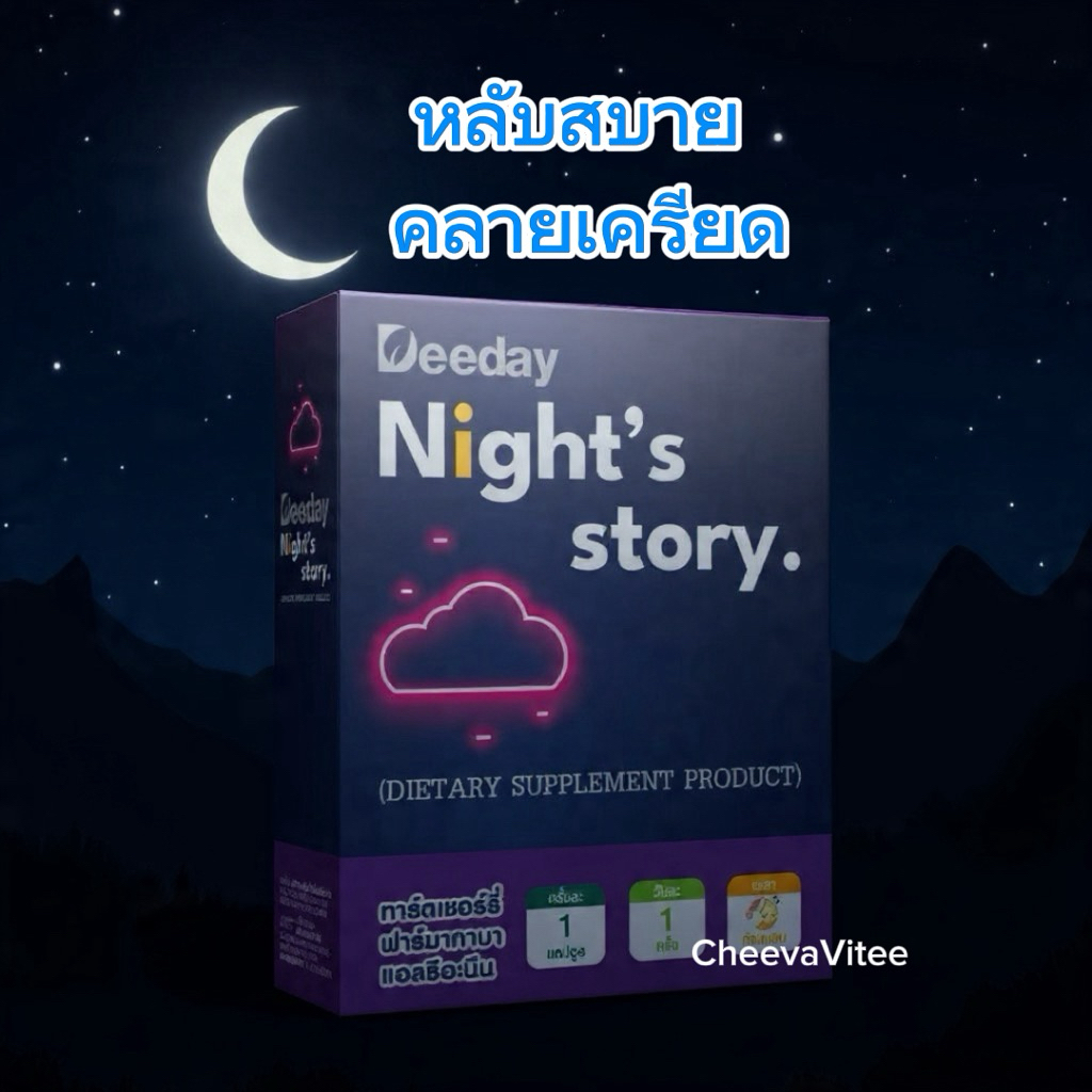 Deeday Night’s Story ดีเดย์ ไนท์ สตอรี่ ผลิตภัณฑ์เสริมอาหาร ช่วยการนอนหลับ คลายเครียด 30 แคปซูล พร้อมส่ง (1 กล่อง)