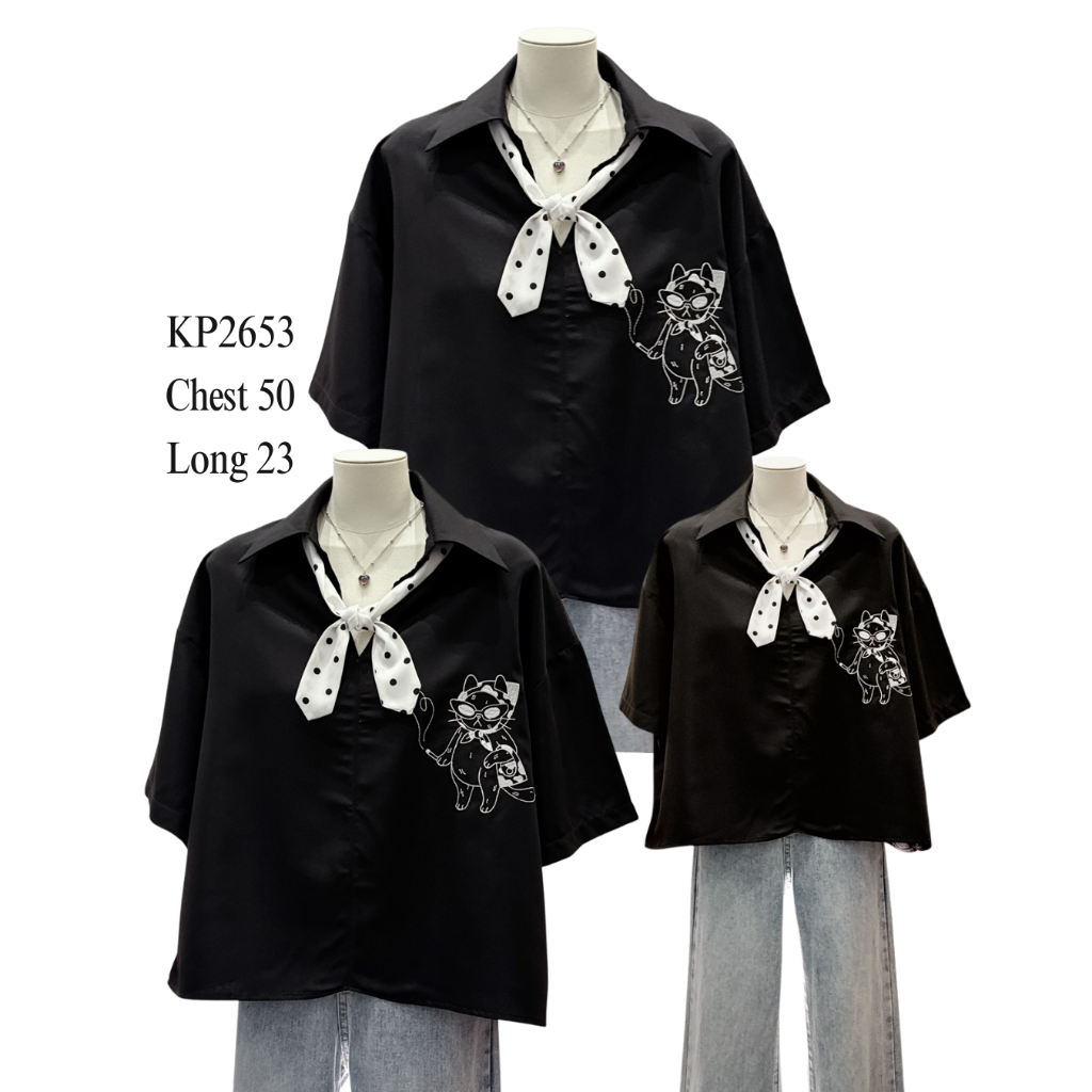 เสื้อเชิ้ตแขนสั้น ปักแมววเก๋ๆแฟชั่นสุดชิคค โทนสุภาพเสื้อโทนดำ แมทช์ง่ายได้ทุกสไตล์ 2653
