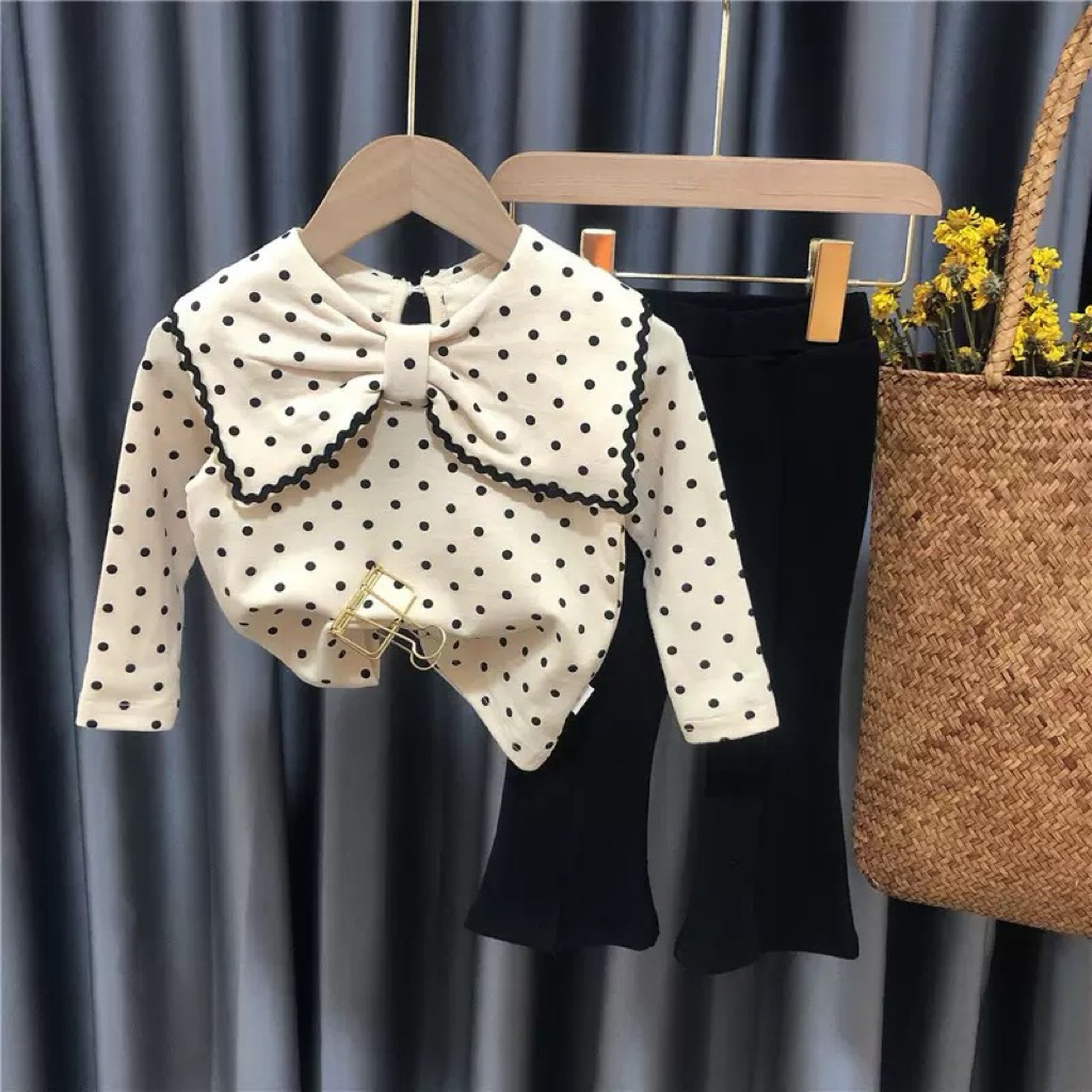 [Namsaii kids]🔥พร้อมส่ง🔥ชุดเซท2ชิ้น ชุดเด็กผู้หญิง เสื้อลายจุด + กางเกงขาบาน สไตล์เกาหลี