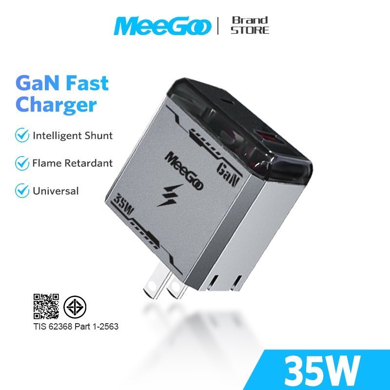MEEGOO หัวชาร์จเร็ว 2 พอร์ต PD35W+QC3.0 GAN Fast Charger ขาปลั๊กพับได้ สำหรับมือถือ แล็ปท็อป