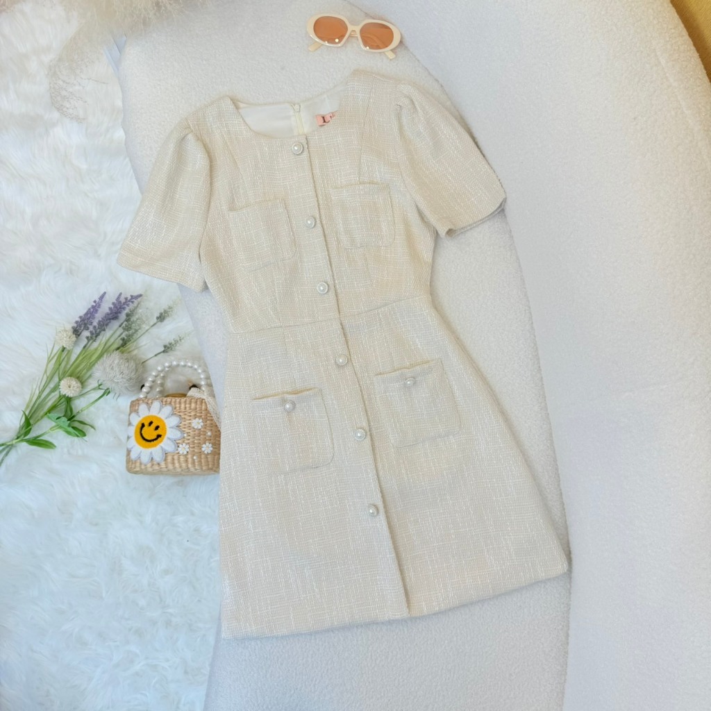 [LISA] A1224 ชุดเดรสกระโปรงคอกลมแขนสั้นดีเทลแต่งกระดุมไข่มุกกระเป๋าหน้า ใส่ออกงาน ดินเนอร์ คาเฟ่