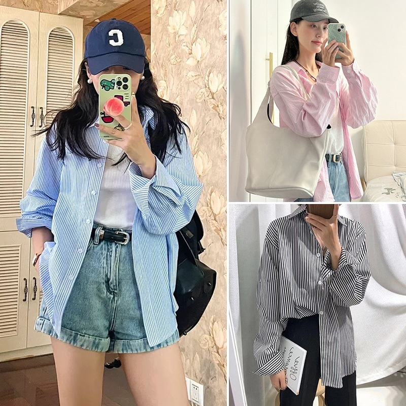 ส่งจากไทย เสื้อเชิ้ตผู้หญิง เสื้อเชิ้ตคอปกแขนยาวลายทาง เสื้อใส่ทำงาน ใส่ไปเที่ยว ทรงหลวมๆใส่สบาย แมทช์ง่ายได้ทุกลุค#F065