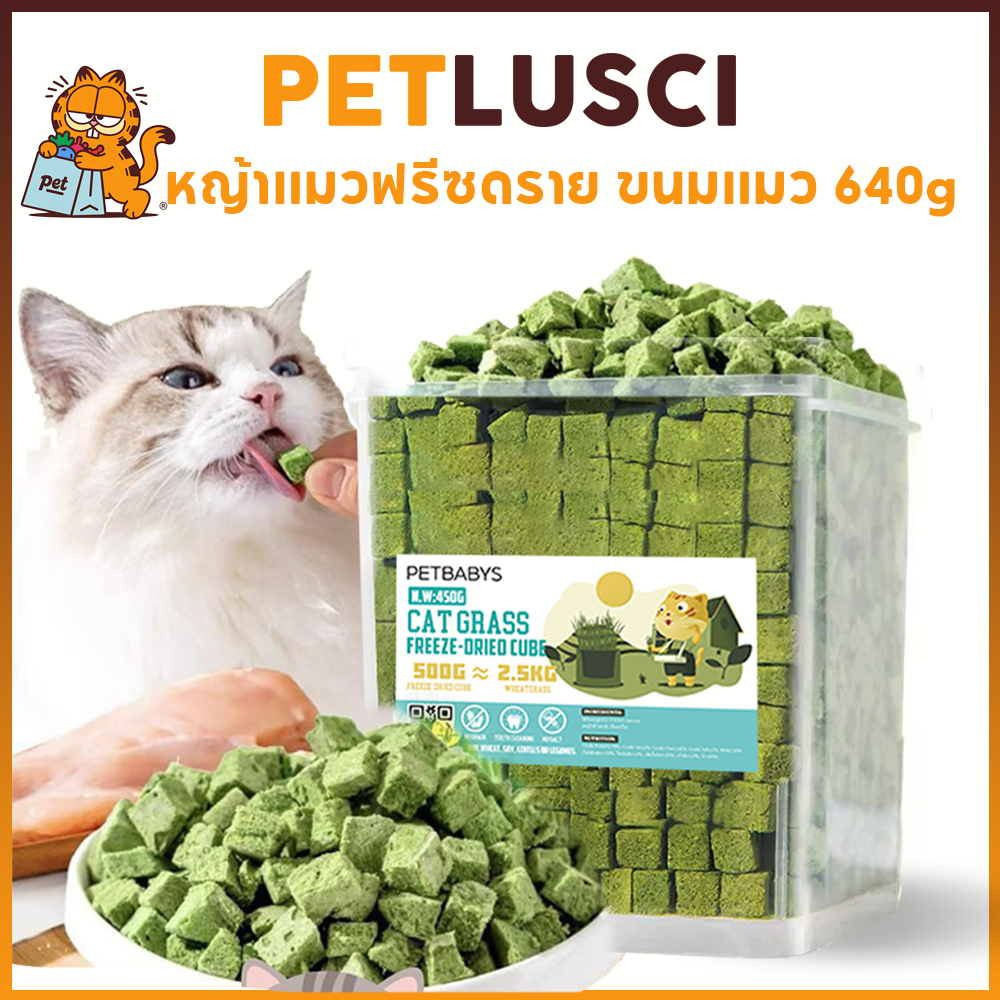 PETLUSCI หญ้าแมวฟรีซดราย ขนมแมว 640กรัม ผลิตจากต้นอ่อนข้าวสาลี ลดการสำลักขน ผสมอกไก่แท้ โปรตีนสูง