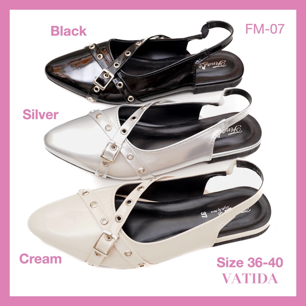 พร้อมส่งจากไทย! (FM-07) รองเท้ารัดส้น หัวแหลม หนังแก้วเมทัลลิค แต่งหมุดตาไก่ สายไขว้ สวยสับ สไตล์ Rock-Chic!