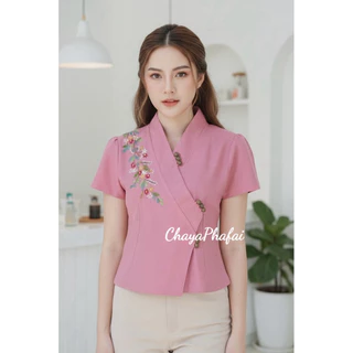 เสื้อผ้าฝ้ายป้ายข้างแขนสั้น ปักดอกไม้