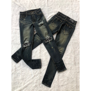 กางเกงยีนส์ขาเดฟผ้ายืดสีสนิม ปะขาดเข่ายับปลายขา