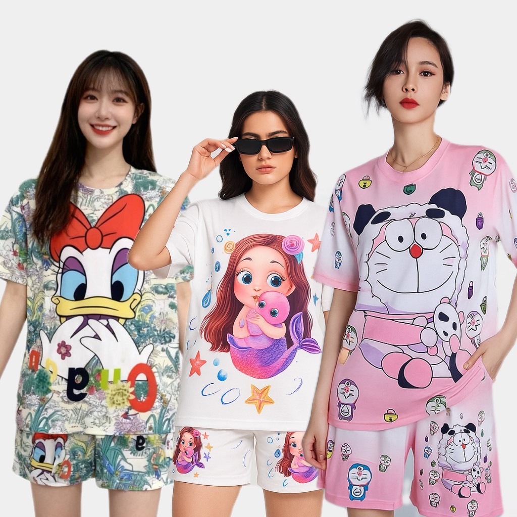 SGH0253 ชุดเซทเสื้อยืดแขนสั้นและกางเกงขาสั้นสไตล์เกาหลี ลายการ์ตูนหรือสปอร์ตแอนด์สตรีท สไตล์เข่า