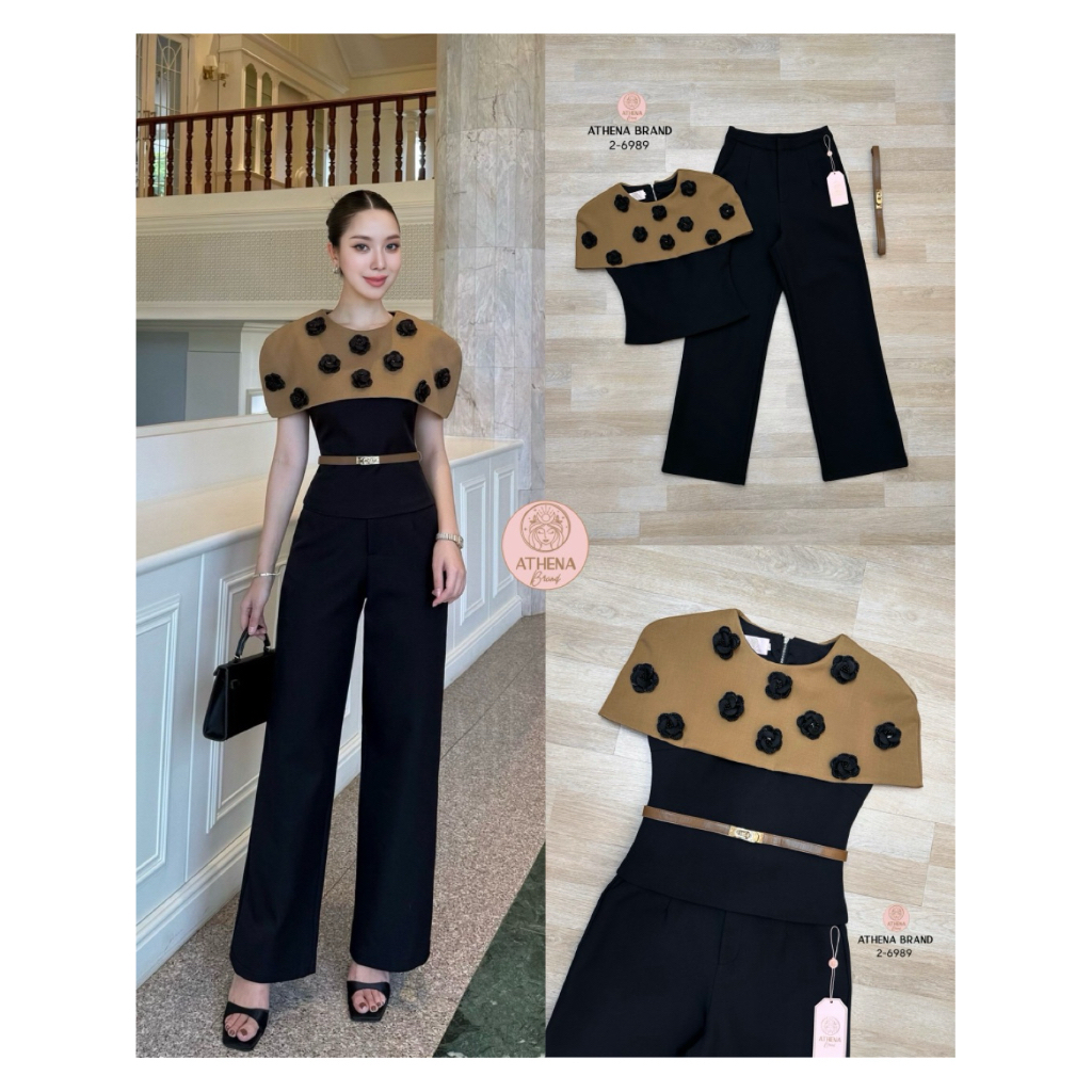 M11 งานป้าย Athena Set ชุดเซ็ทเสื้อ+กางเกงขายาว+เข็มขัด สำหรับผู้หญิง สาวอวบ เสื้อผ้าแฟชั่นผู้หญิง ไซส์ S-3XL