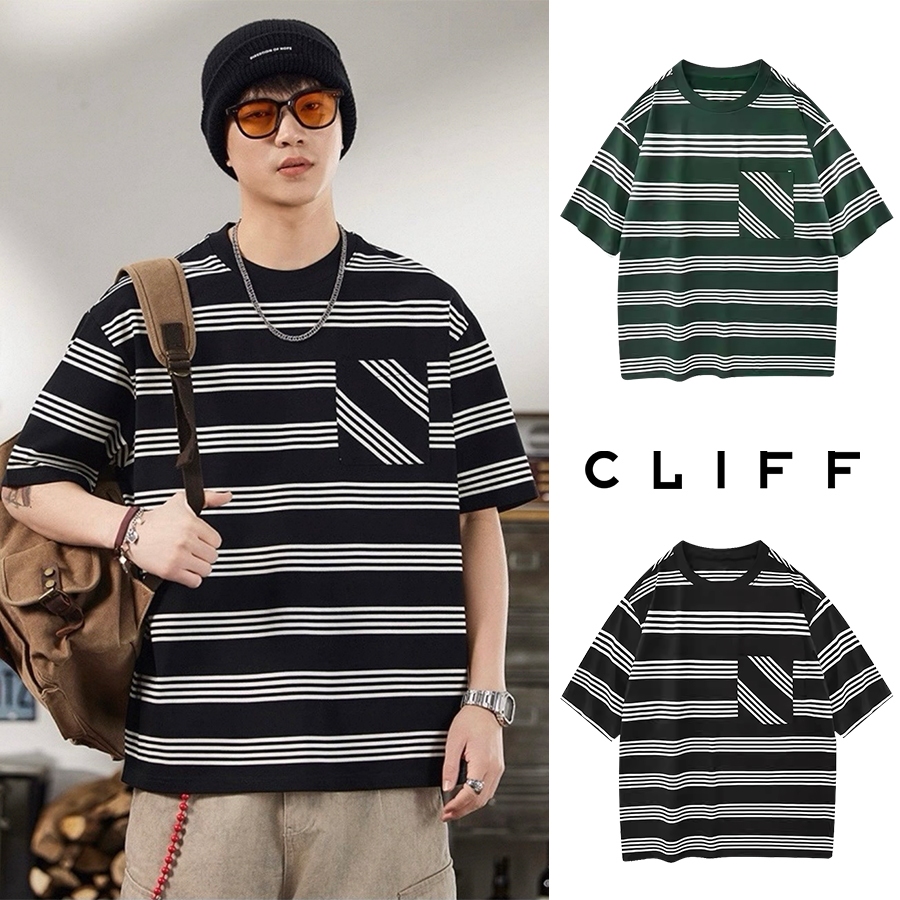 CLIFFเสื้อแขนสั้นลายทางชายผสมสี เรียบง่าย คอกลม คลาสสิกและเข้ากับทุกสไตล์ หลวม การออกแบบกระเป๋า ขายดี！