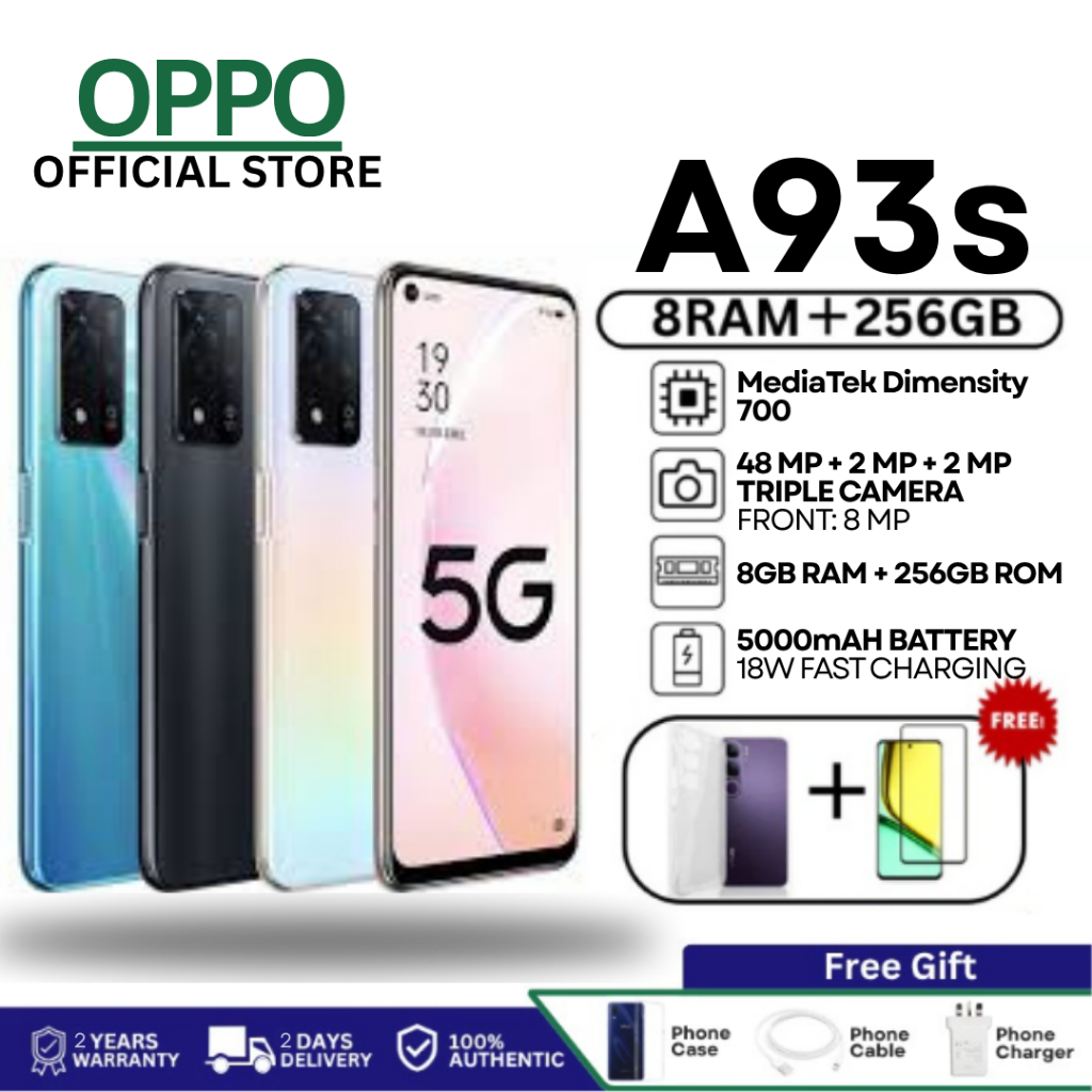 OPPO A93s 5G – จอ 6.5″ 90Hz · RAM 8GB/256GB · กล้องหลัง 48MP · แบต 5,000mAh · ชาร์จไว