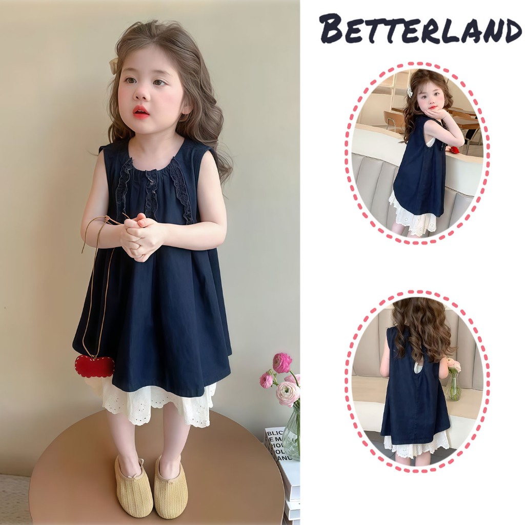Betterland  ชุดเดรสเด็กผู้หญิง  กระโปรงยีนส์  เดรสแขนกุด  ผ้าบาง  นุ่ม สบาย เซ็ต2-12 ปี
