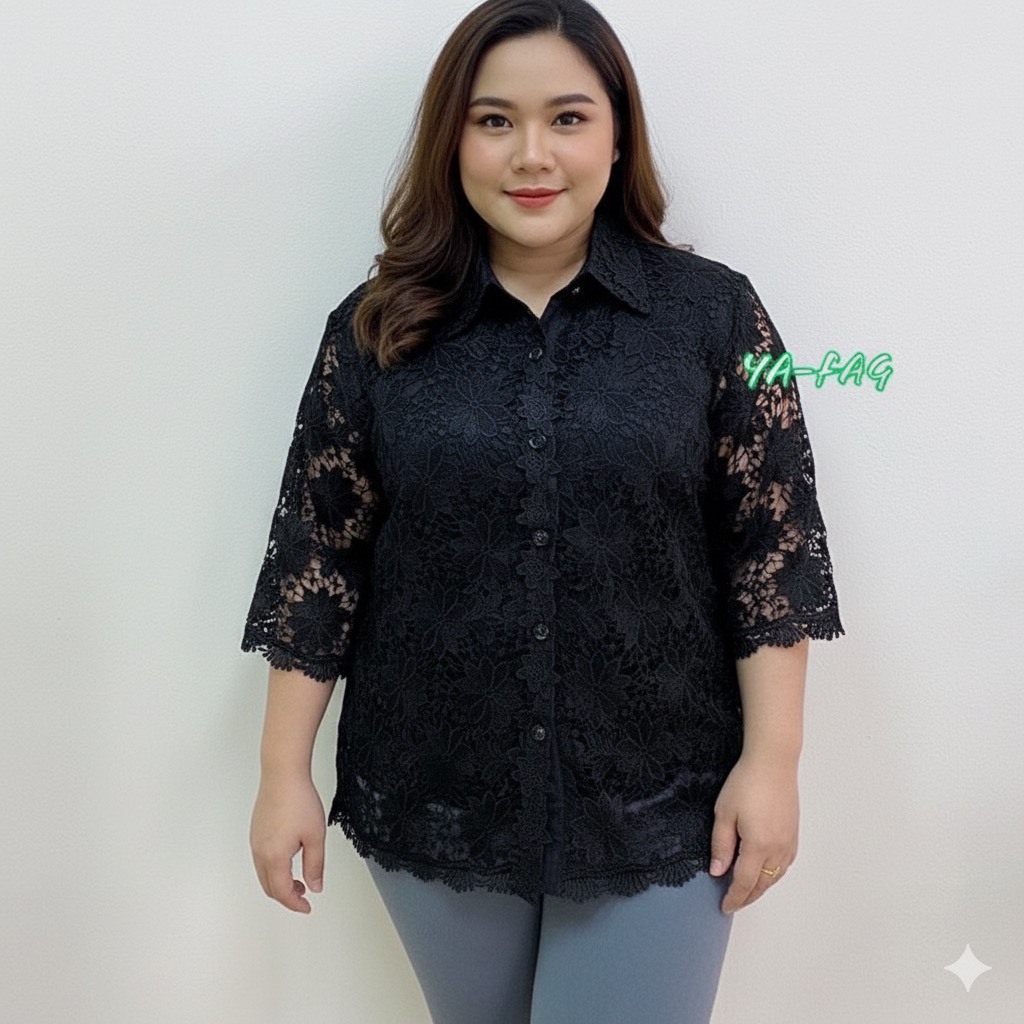 เสื้อลูกไม้ คอปก สาวอวบ/พลัสไฃส์ แขน3ส่วน ลูกไม้ฉลุลายดอกไม้ทั้งตัว ผ้าลูกไม้เนื้อนุ่ม ระบายอาากศดี มีฃับใน