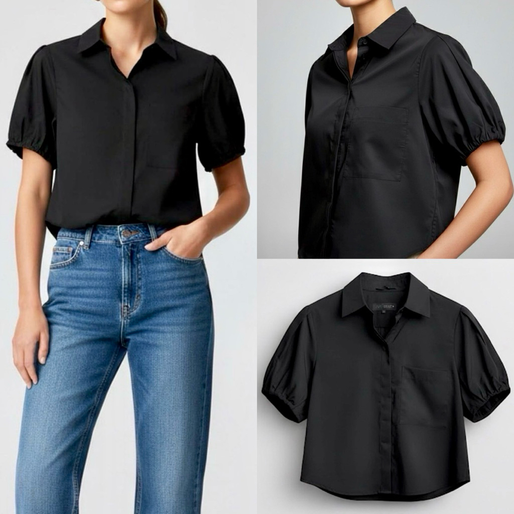 Z R Black Short Puffer Sleeve Shirt