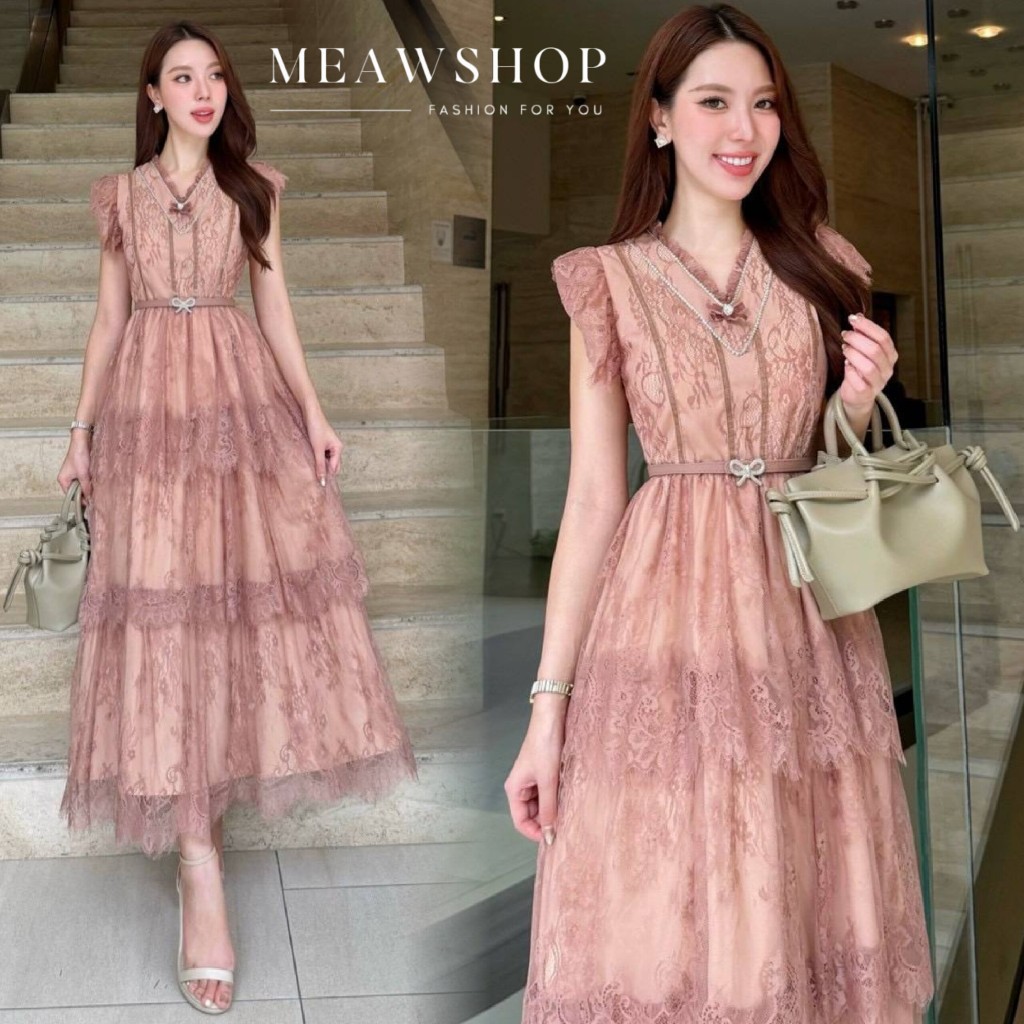 S-3XL เดรสยาวคอวีแขนสั้น+เข็มขัด+เข็มกลัด สวยๆ ใส่ได้ทุกโอกาส สวยหรู ชุดทำงานผู้หญิง ootd ชุดสาวอวบ อ้วน ชุดออกงาน prd