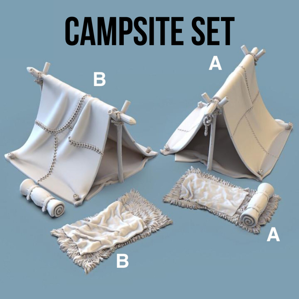 DnD Terrain&Prop I Campsite Set โมเดลประกอบฉากตั้งแคมป์ (งานเรซิ่นสีเทา)