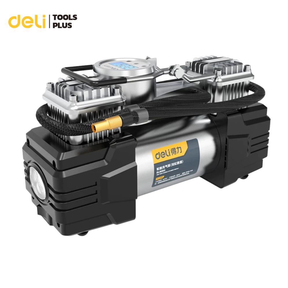 Deli ปั๊มลมไฟฟ้าติดรถยนต์ ปั๊มเติมลมไฟฟ้า 180 W หน้าจอดิจิตอล ฟรีอุปกรณ์ครบชุด Air Compressor pump