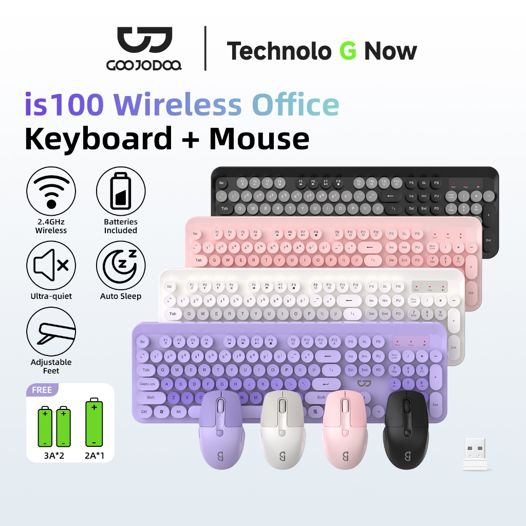 GOOJODOQ ชุดเมาส์และคีย์บอร์ดไร้สาย 2.4ghz Keyboard Mouse Set ปุ่มกดทรงกลมแบบเงียบ 1600 Dpi
