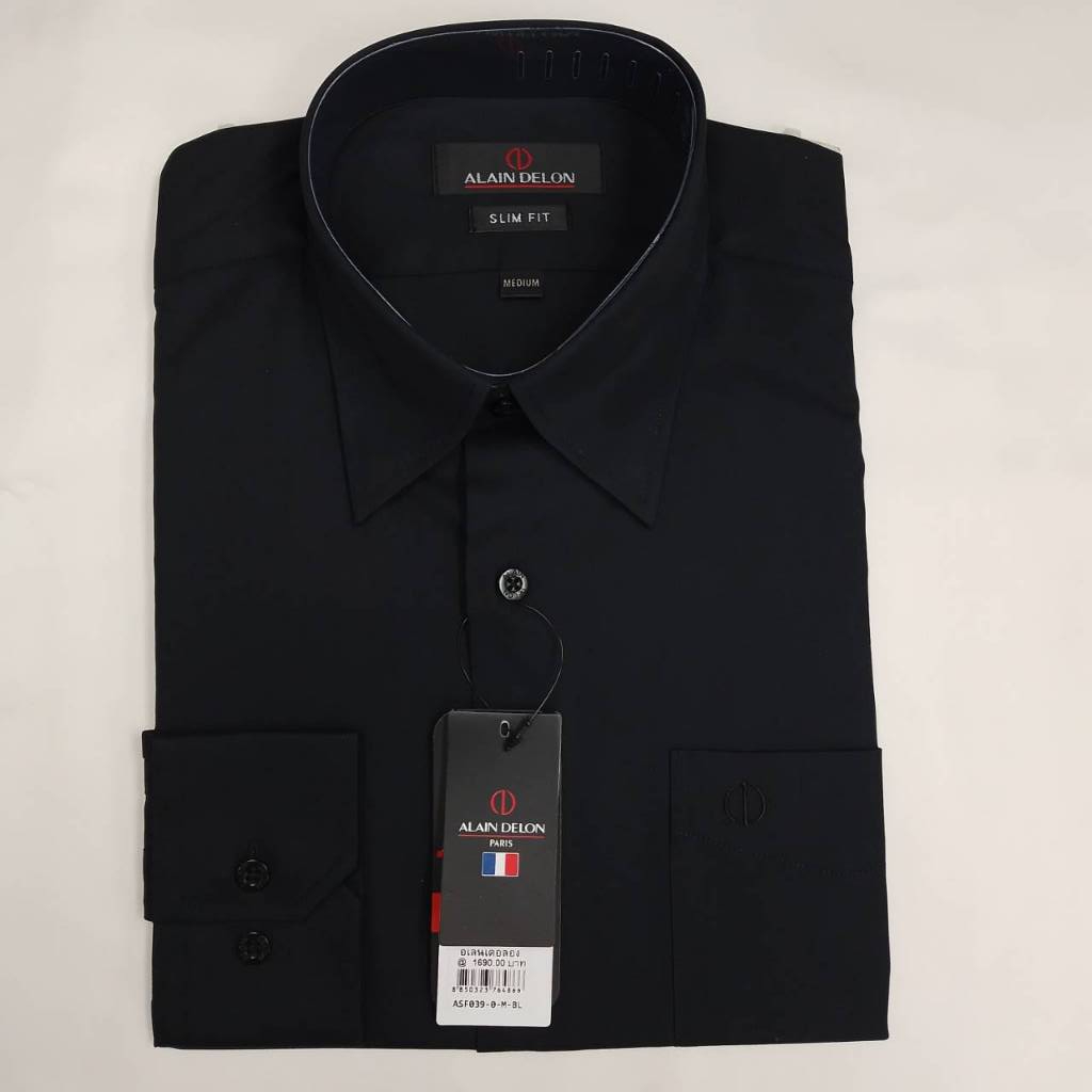 Alain Delon เสื้อเชิ้ตแขนยาวสีดำสุภาพผ้าดี  มีกระดุมใต้ปก ทรงเข้ารูป Slim Fit ASF039-0